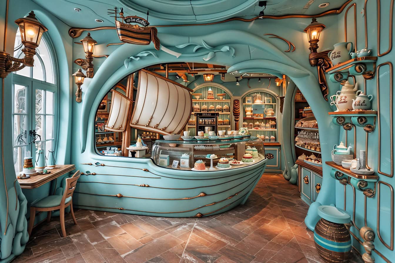 Een 3D-render van een ontwerpconcept van een banketbakkerij en een theewinkel, sprookjesachtig interieur geïnspireerd door Alice in Wonderland