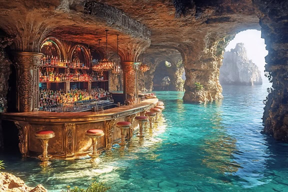 3D render of a concept design of an sea cave with a drinking bar in it