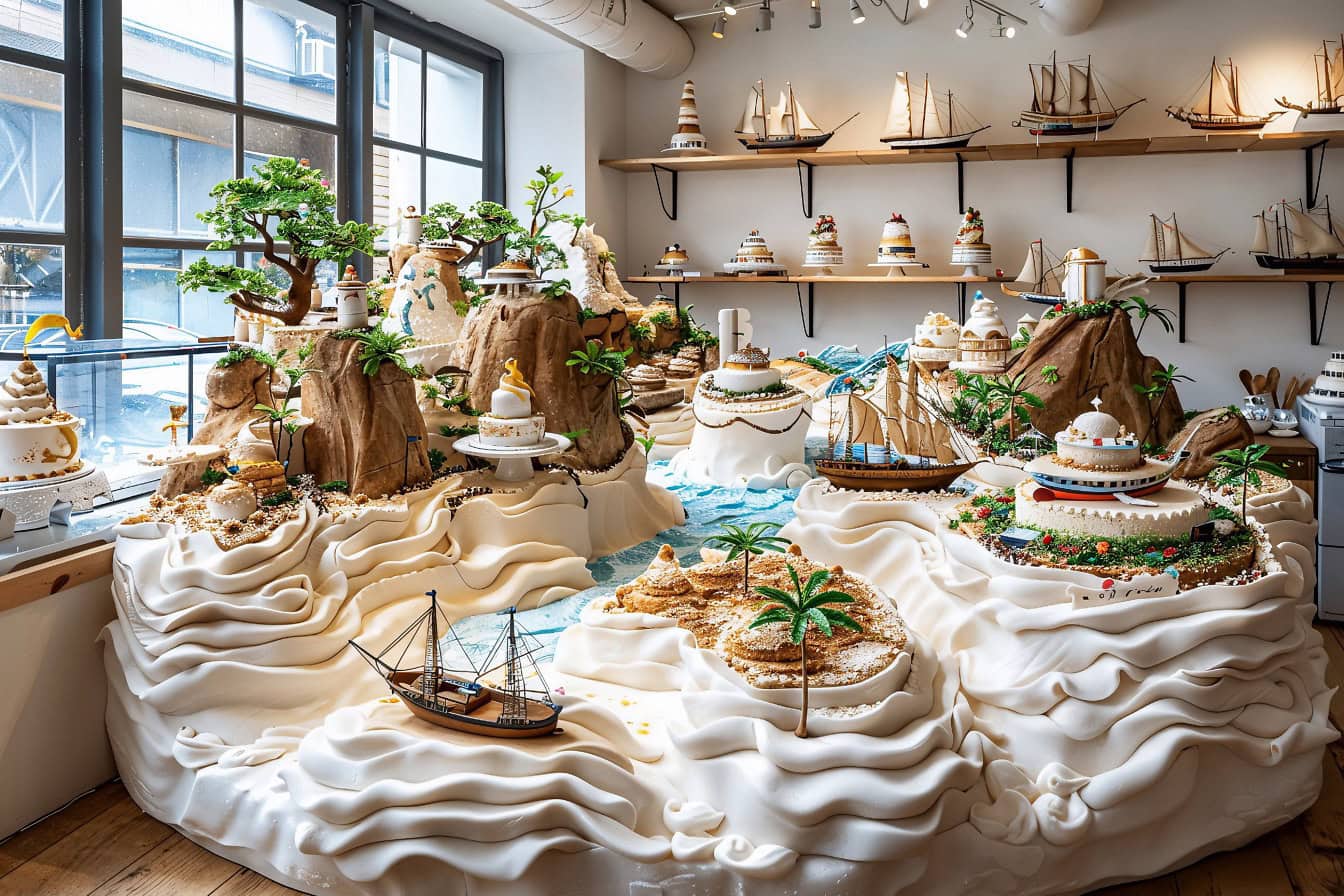 Un énorme gâteau de style nautique à l’intérieur de la pâtisserie