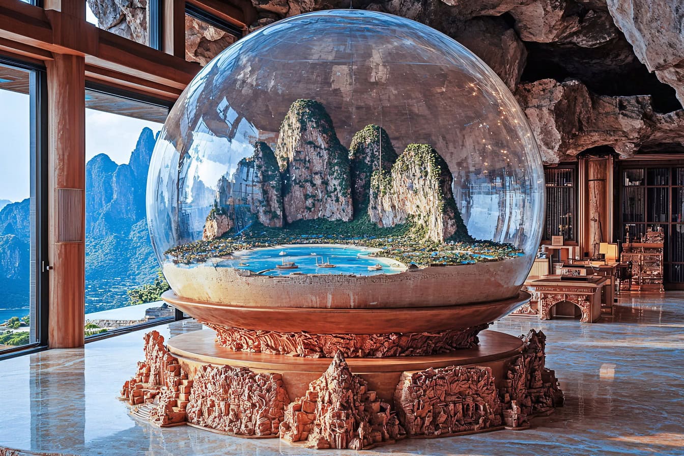 Atrium of a luxury hotel with a large glass ball with a landscape inside of it