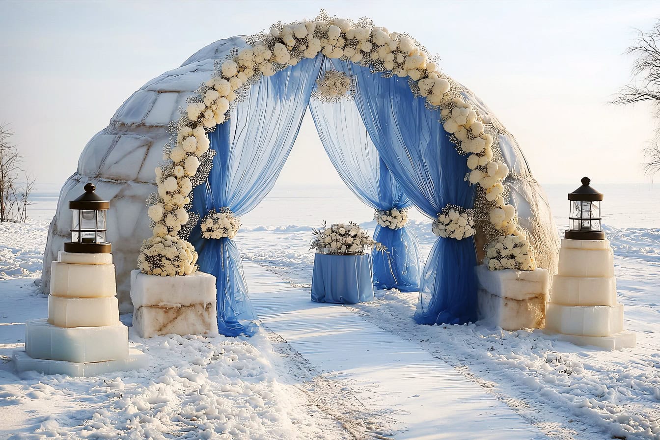 Lugar de boda iglú con flores blancas y paisaje nevado, un ambiente invernal perfecto para una ceremonia de boda