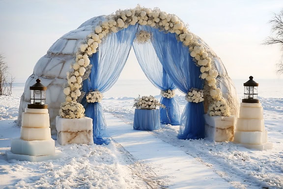 Igloo wedding venue with white flowers and snowy landscape, a perfect winter ambient for a wedding ceremony