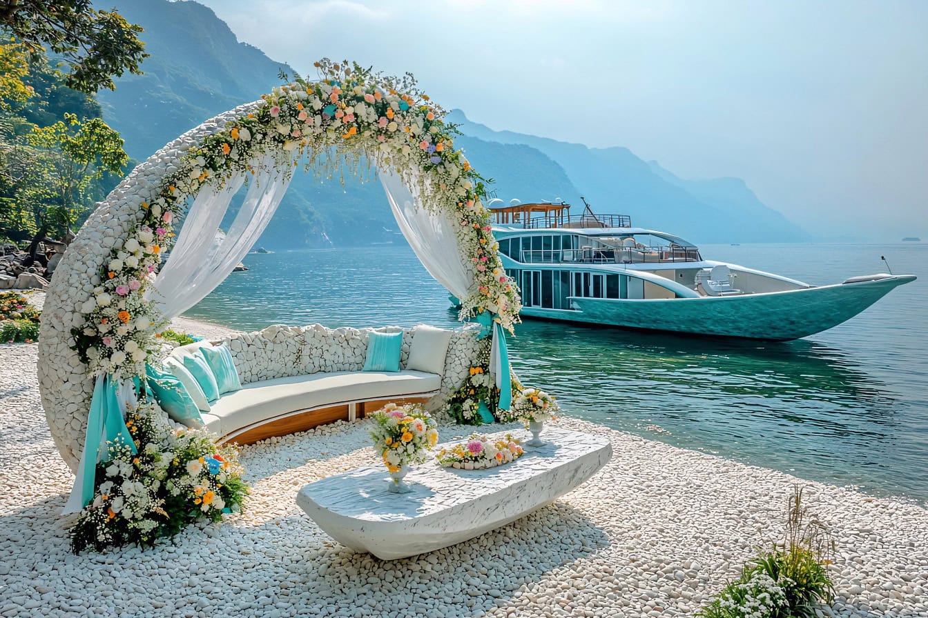 Sofá romântico aconchegante à beira-mar com um arco floral sobre ele, um lugar perfeito para aproveitar as férias de verão