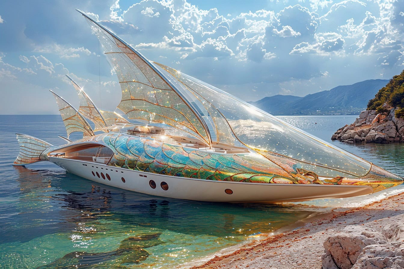 Fairytale design of a yacht in the shape of a fish with sails like a fish fin anchored on the seashore