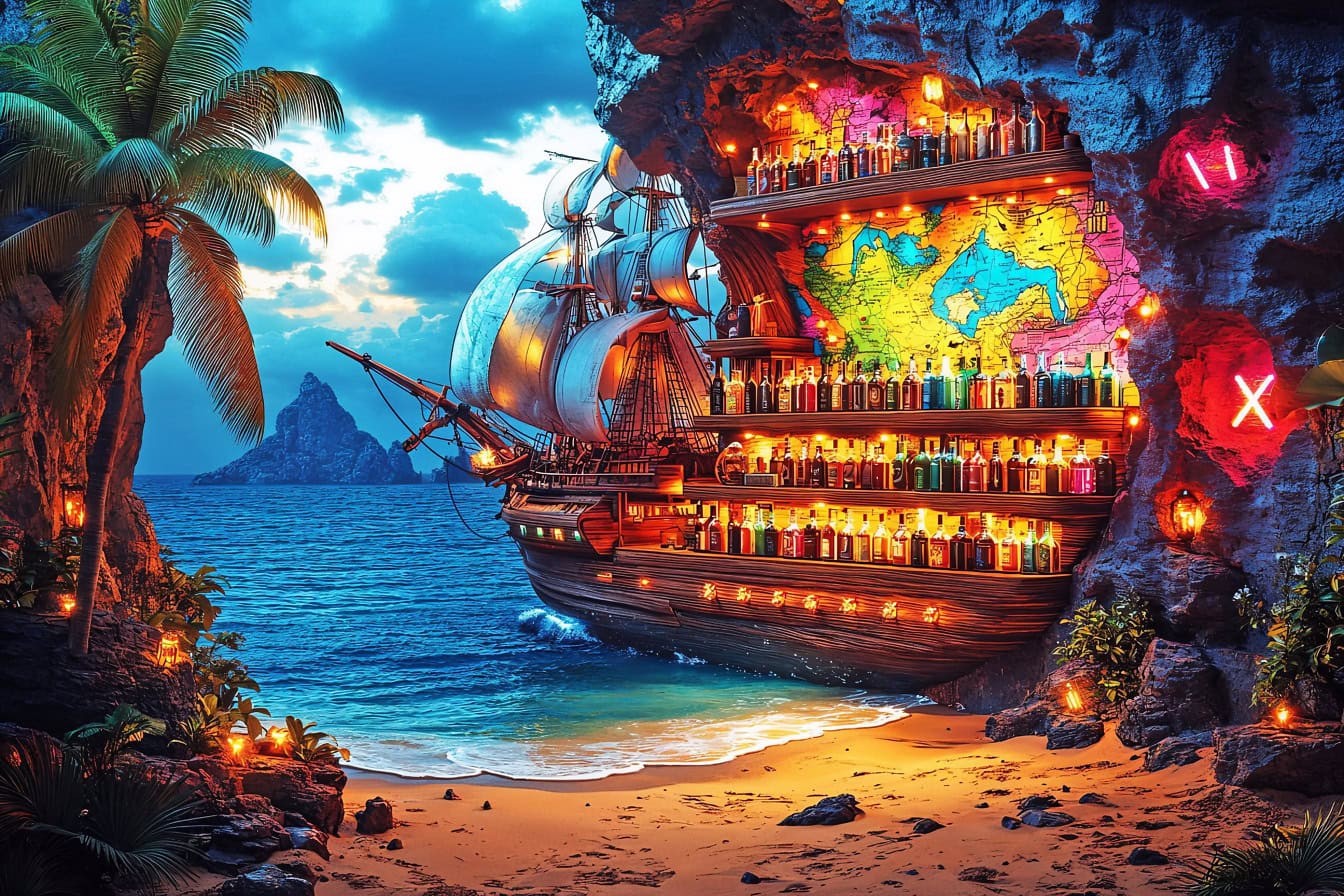 Superb graphics of a fairytale restaurant in the shape of a pirate ship on the beach in the evening with a treasure map