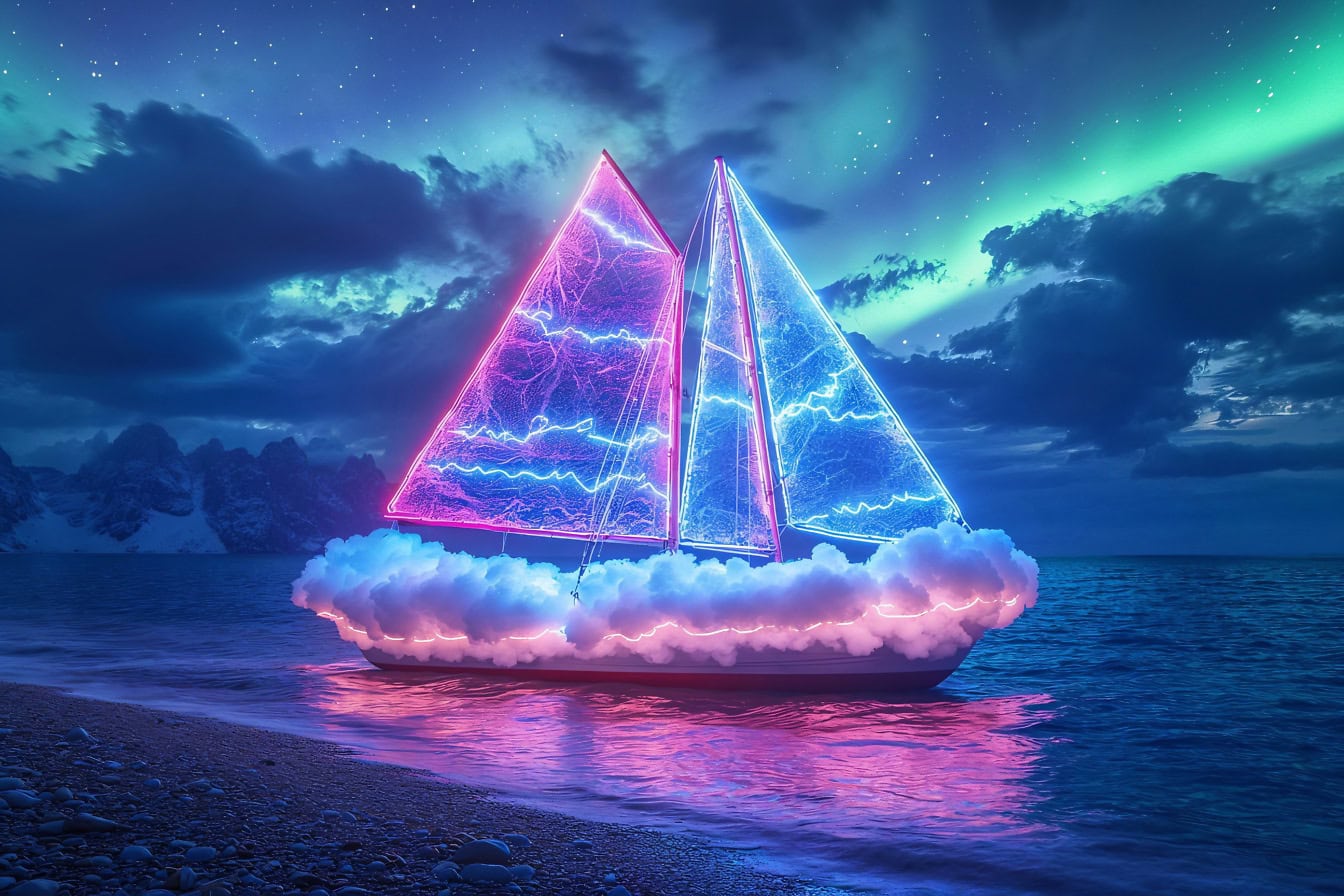 Perahu layar bergaya cyberpunk dengan lampu neon ungu dan kebiruan pada layar transparan, dengan awan di geladak dan dengan aurora borealis di langit