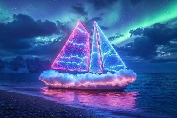 A cyberpunk style sailboat with purple and bluish neon lights on transparent sails, with a clouds on deck and with aurora borealis on the sky