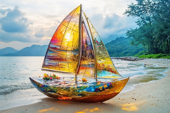 Het kleurrijke beeldhouwwerk van de gebrandschilderde glaszeilboot op een strand