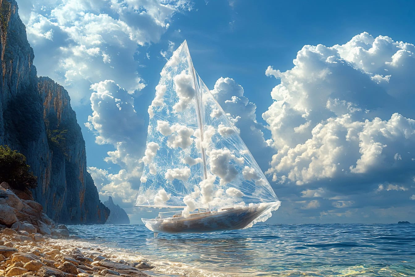 A fairytale sailboat with sails made of white clouds that sails along the coast of wonderland