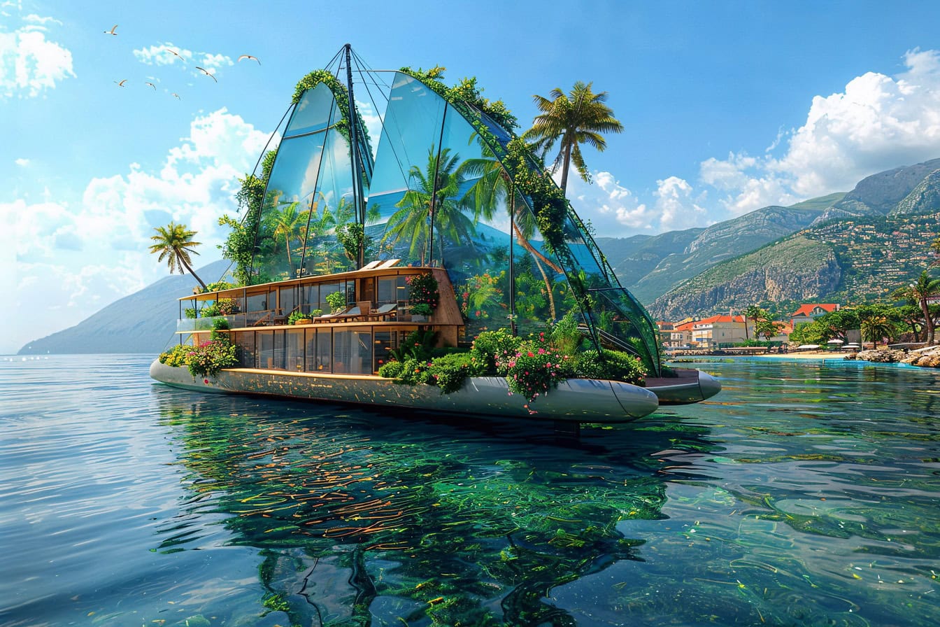 Concepto futurista de un yate-catamarán de estilo tropical con selva cerca de la costa