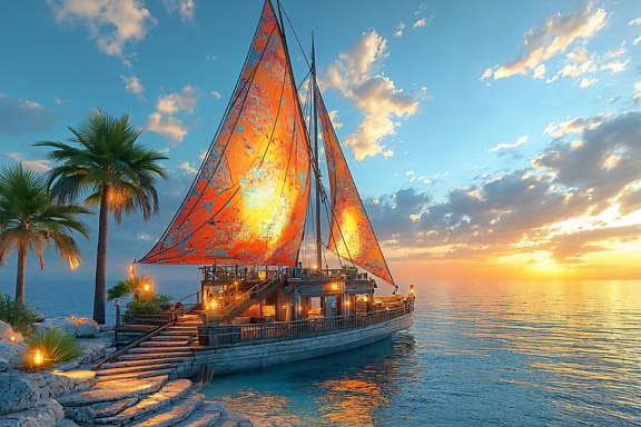 Majestuosa puesta de sol en primera línea de playa con un restaurante en forma de velero con velas amarillas anaranjadas en el muelle