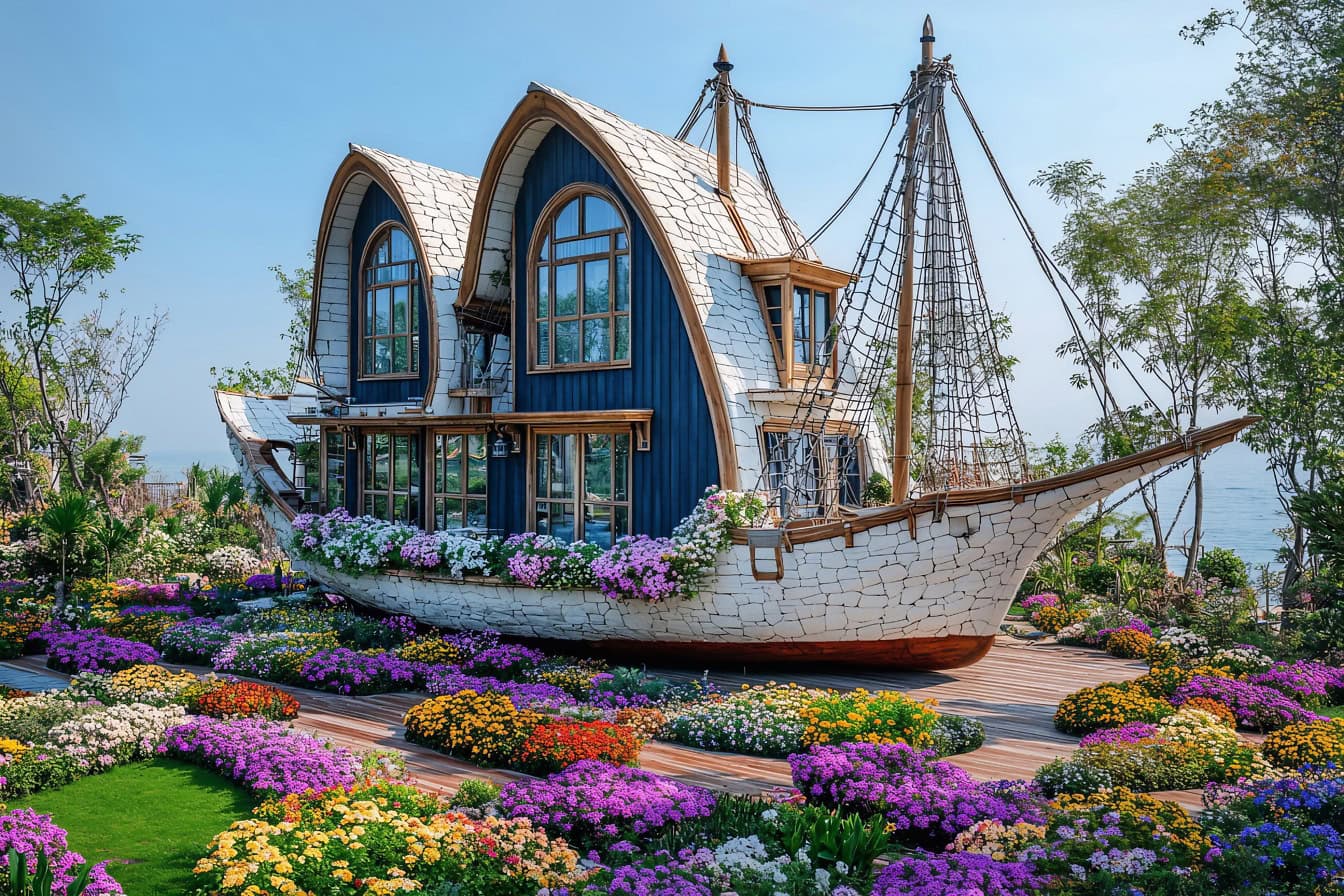 A fairytale house, a boat shaped structure surrounded by flower garden at the seacoast