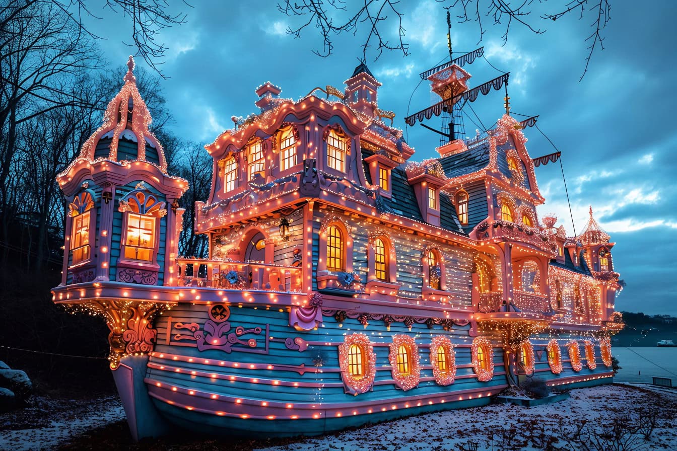 A beautiful fairytale castle-house in Victorian style with lights on it moored on seacoast at the evening