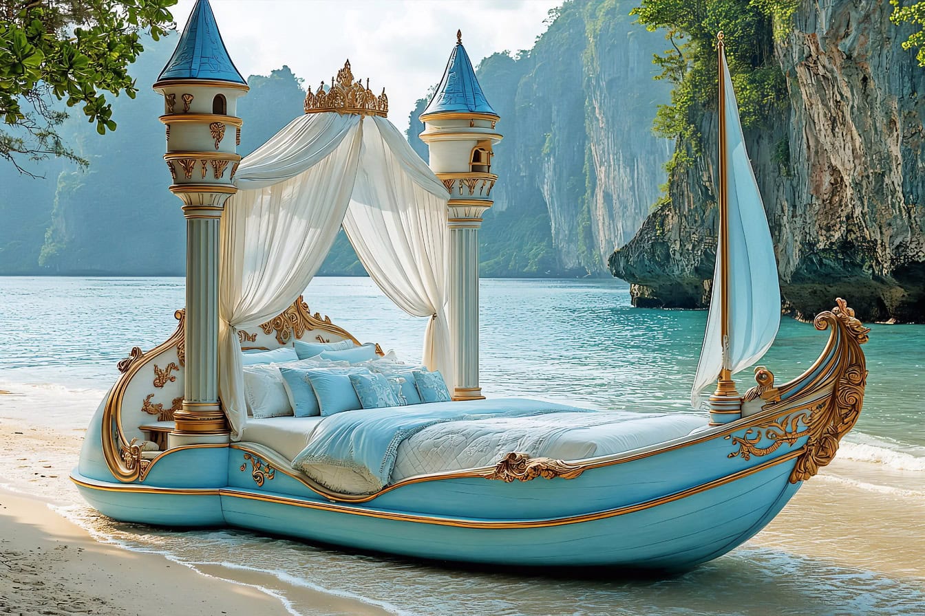 Photomontage of a fairytale royal Victorian style king double bed in the shape of a gondola boat on the beach in a dreamland