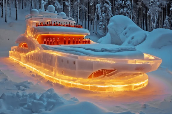 Boat made of ice with a drinking bar with and bottles of rum