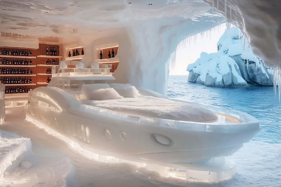 A house of the future inside an iceberg in Anatarctica with a view of the frozen wilderness