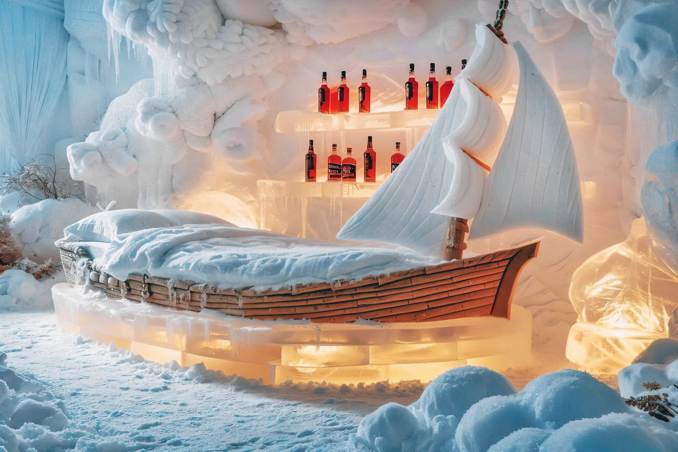 Lit simple en forme de bateau de glace avec des bouteilles d’alcool sur des étagères à glace