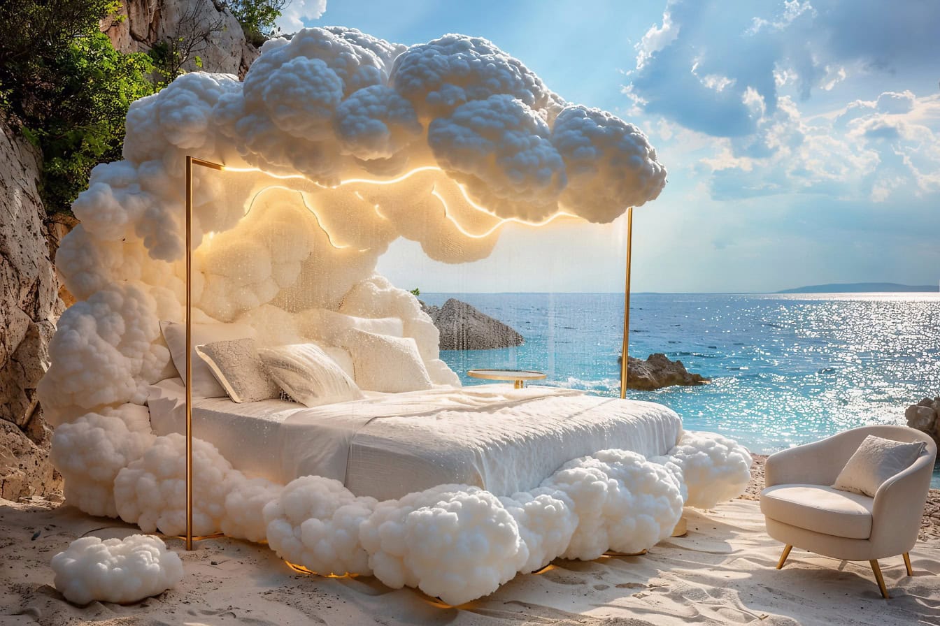 Een bed gemaakt van stormachtige wolken met bliksemschichten op een strand