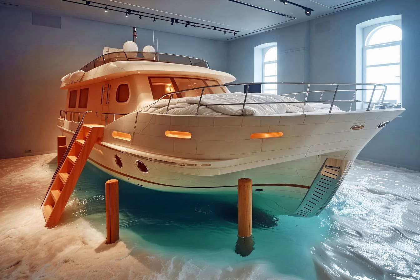 Un dormitorio con una cama en un barco en el agua con escaleras