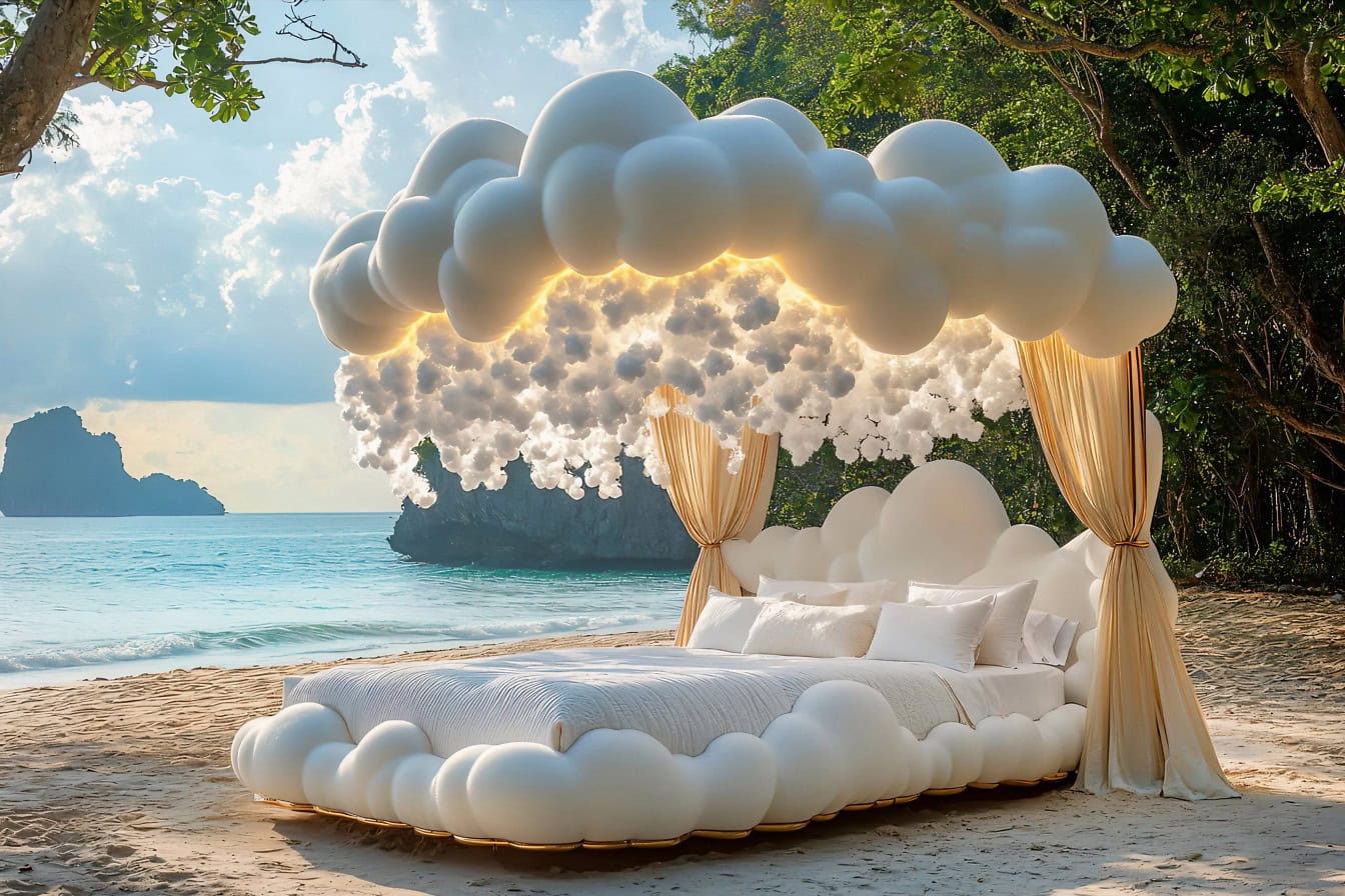 Montase foto kreatif dari tempat tidur king dengan awan di atasnya di pantai