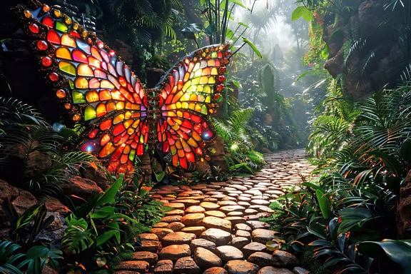 Una escultura de vidriera de una mariposa de colores brillantes en un camino en un bosque mágico, un magnífico fotomontaje del mundo onírico de la selva tropical