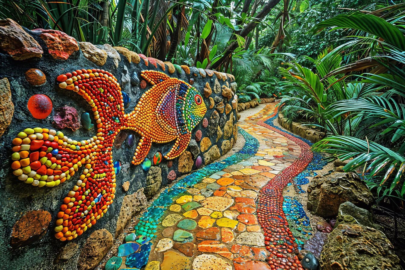 Photomontage premium d’un chemin de pierre avec mosaïque d’un poisson coloré dans la jungle tropicale