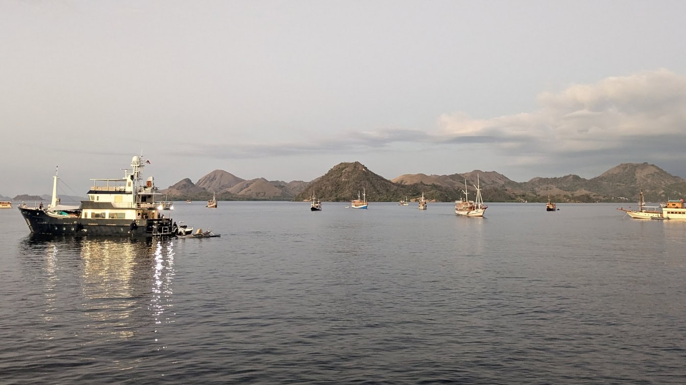 山々を背景にした水上の漁船