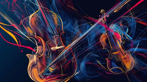 Orquestación digital abstracta con instrumentos musicales de violín y violonchelo