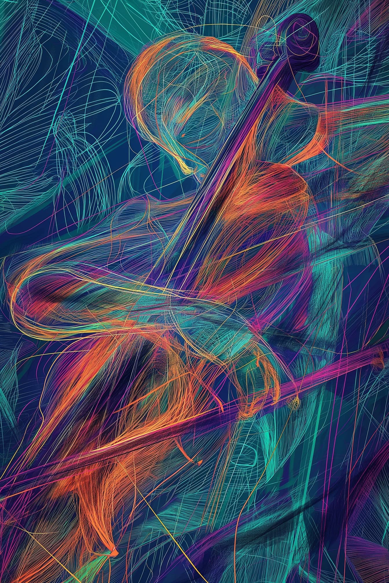 Ilustración colorida de arte lineal de un músico tocando un instrumento de violonchelo sobre un fondo azul