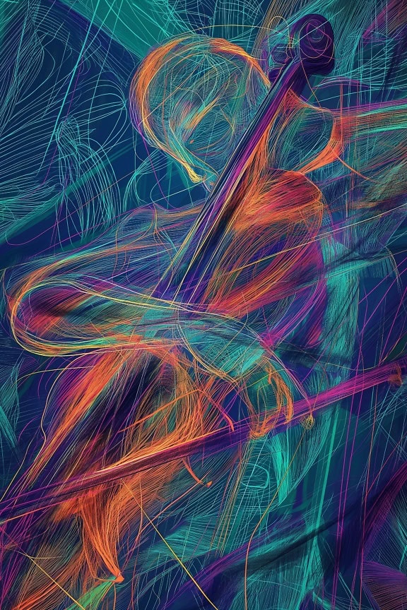 Colorful line art illustration of a musician playing a cello instrument on a blue background