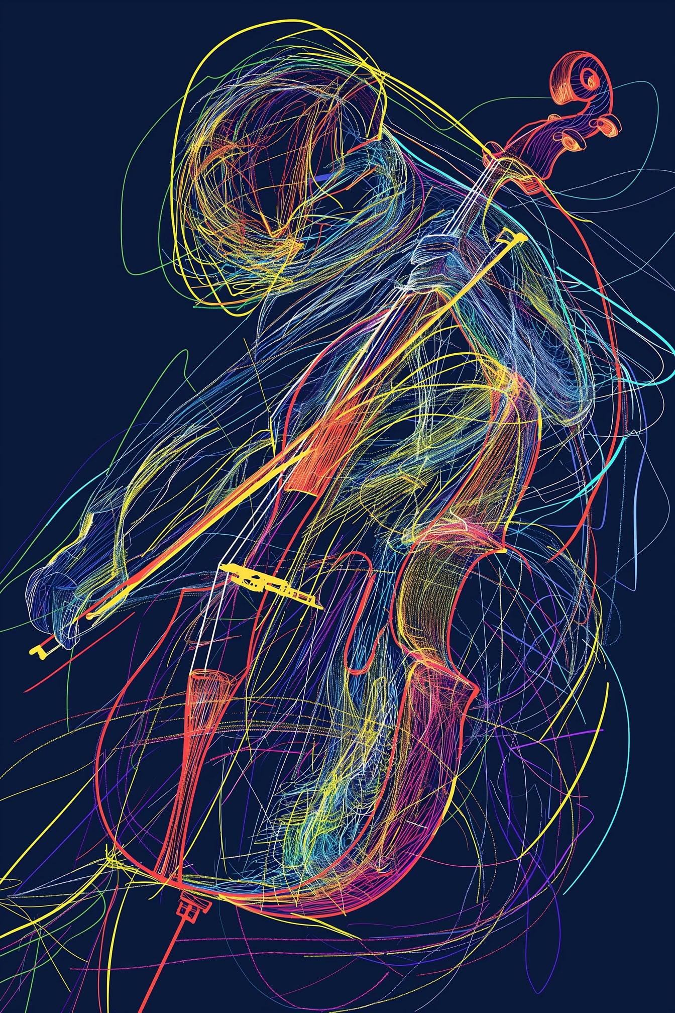 An abstract illustration of a musician playing a cello musical instrument