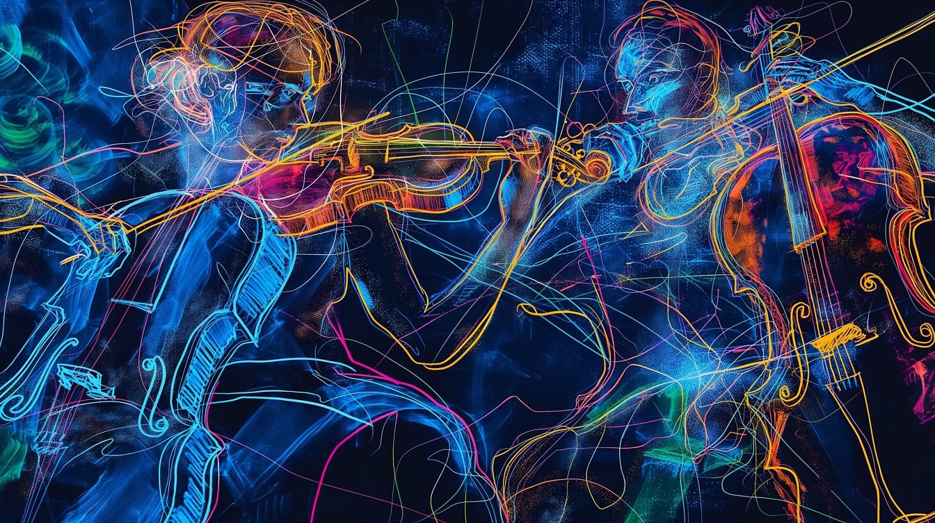 Gráfico abstrato premium de músicos tocando violino e violoncelo