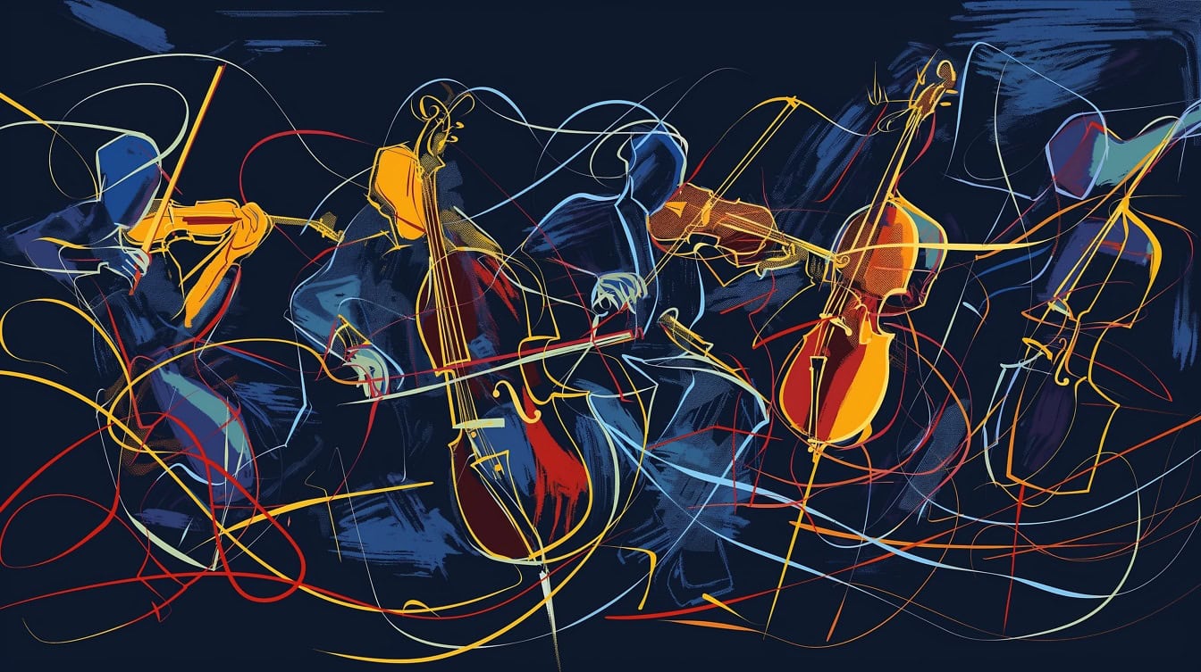 Kleurrijke abstracte illustratie van muzikanten die snaarinstrumenten spelen