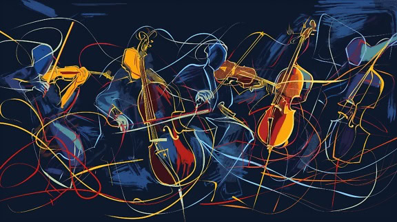 Illustration abstraite colorée de musiciens jouant d’instruments à cordes