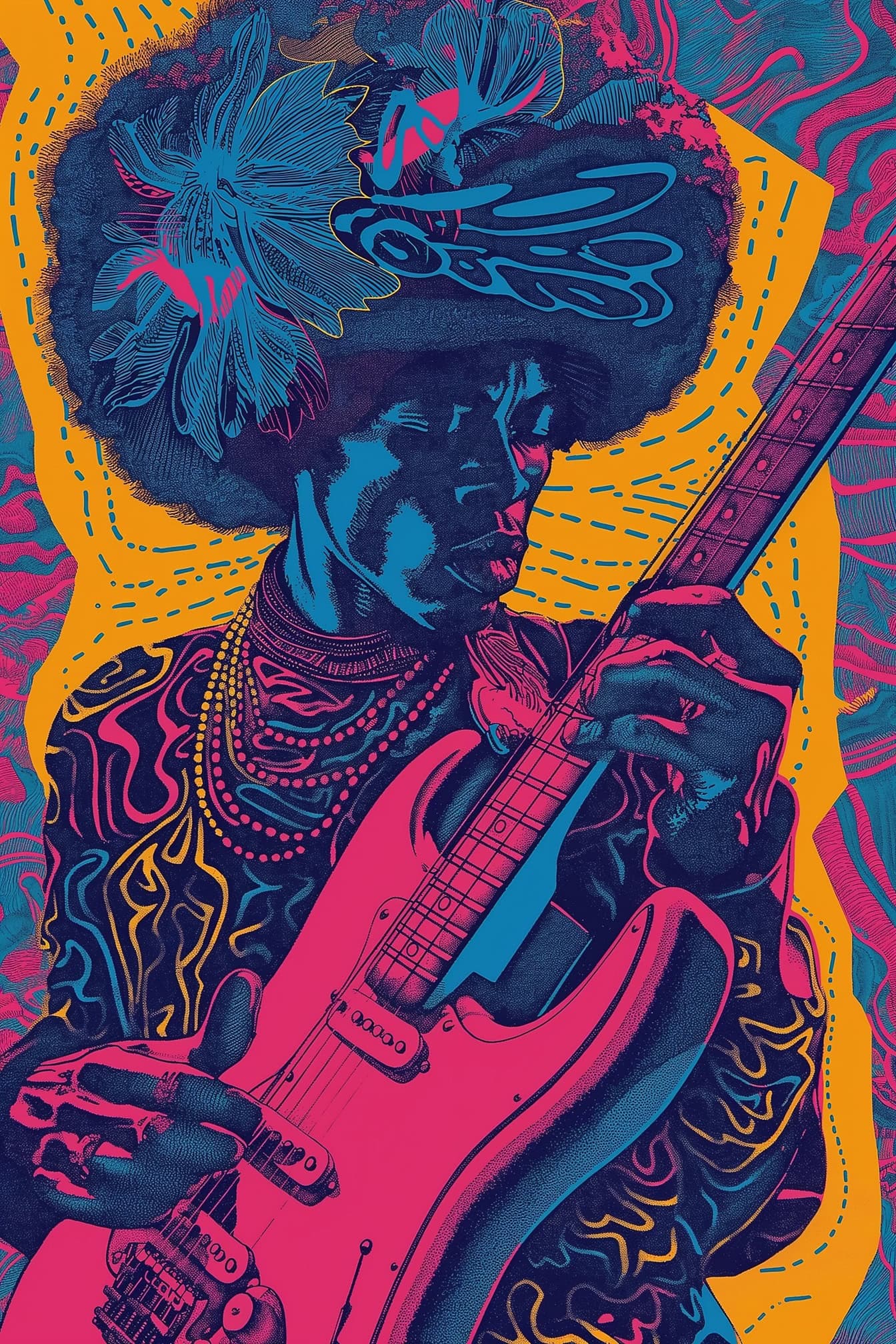 Poster musik Jimi Hendrix, ilustrasi seorang pria Afro yang bermain gitar dalam perpaduan gaya psikedelik, funky, dan pop-art