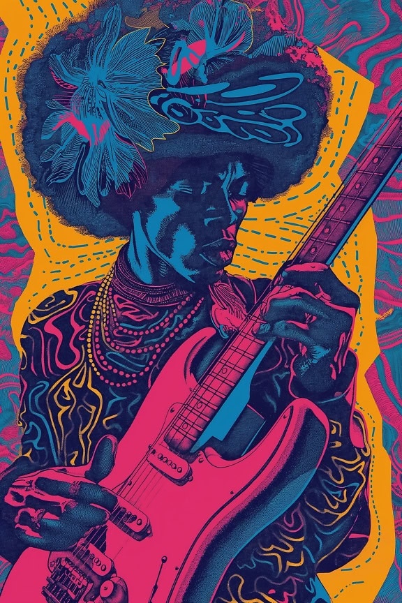 Een Jimi Hendrix muziekposter, een illustratie van een Afro man die een gitaar bespeelt in een mix van een psychedelische, funky en pop-art stijl