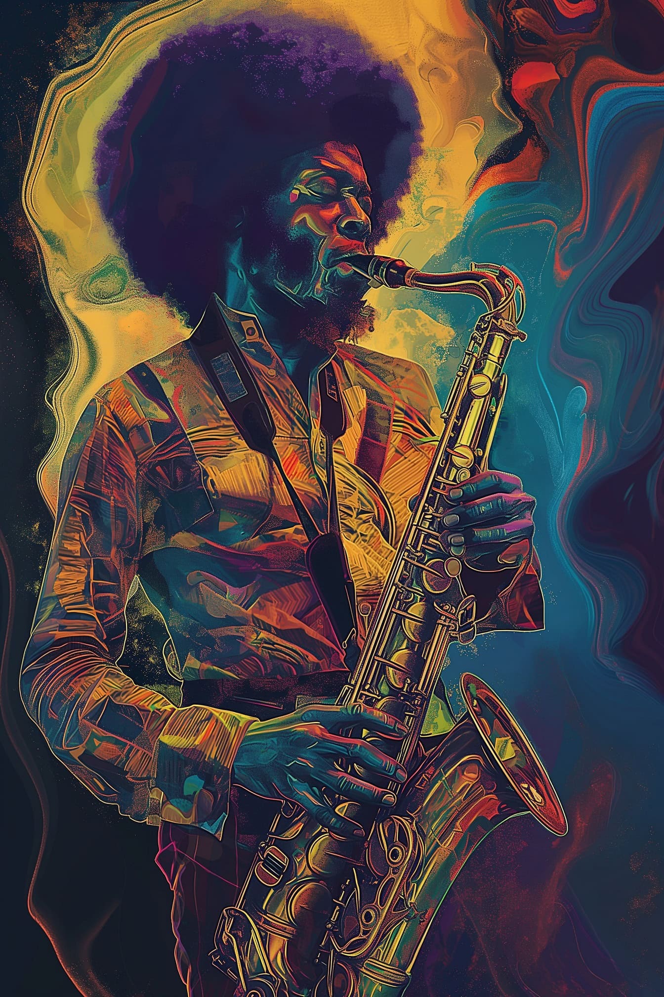 Une affiche de musique de festival de jazz, un homme afro jouant du saxophone dans un style artistique rétro des années 1960 et 1970