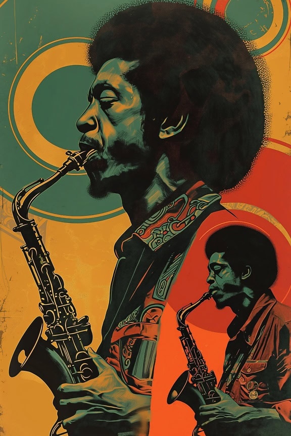 En plakat af en Jimi Hendrix i retro 1970’er-stil, en illustration af en mand, der spiller saxofon