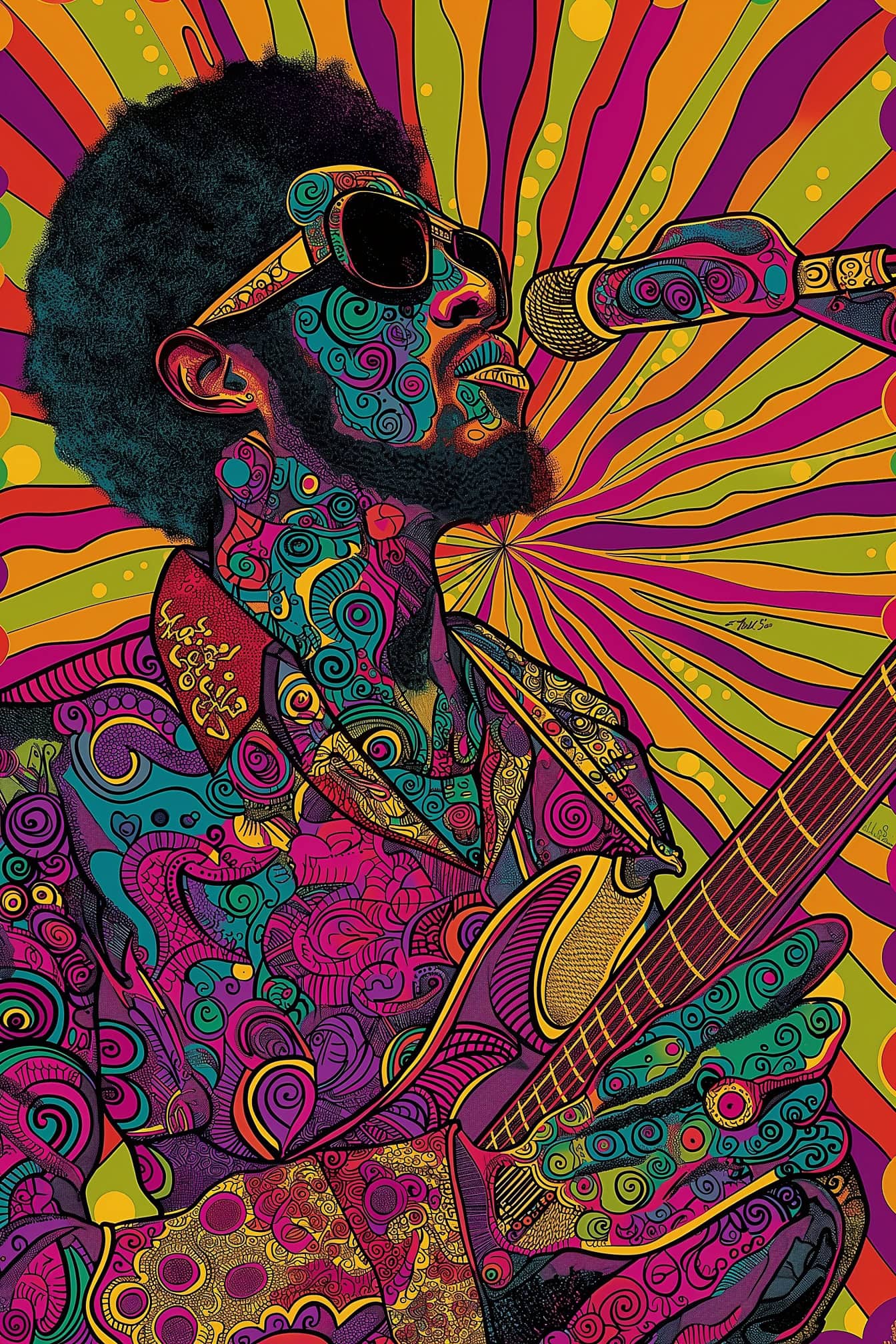 Levendige muziekposter van een Afro-mensenzanger met een elektrische gitaar en een microfoon in een mix van psychedelische en pop-artstijl