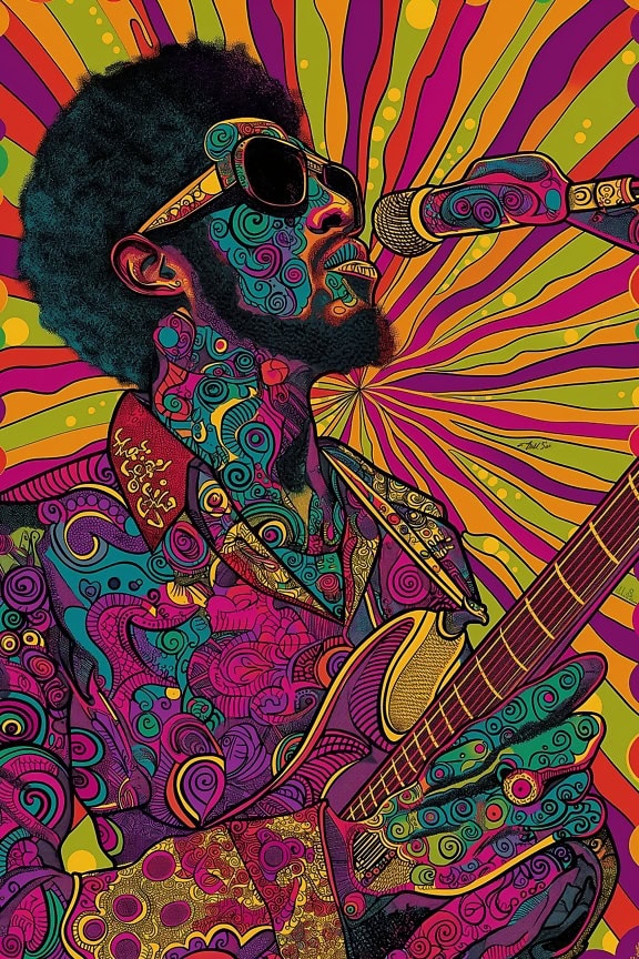 Levendige muziekposter van een Afro-mensenzanger met een elektrische gitaar en een microfoon in een mix van psychedelische en pop-artstijl