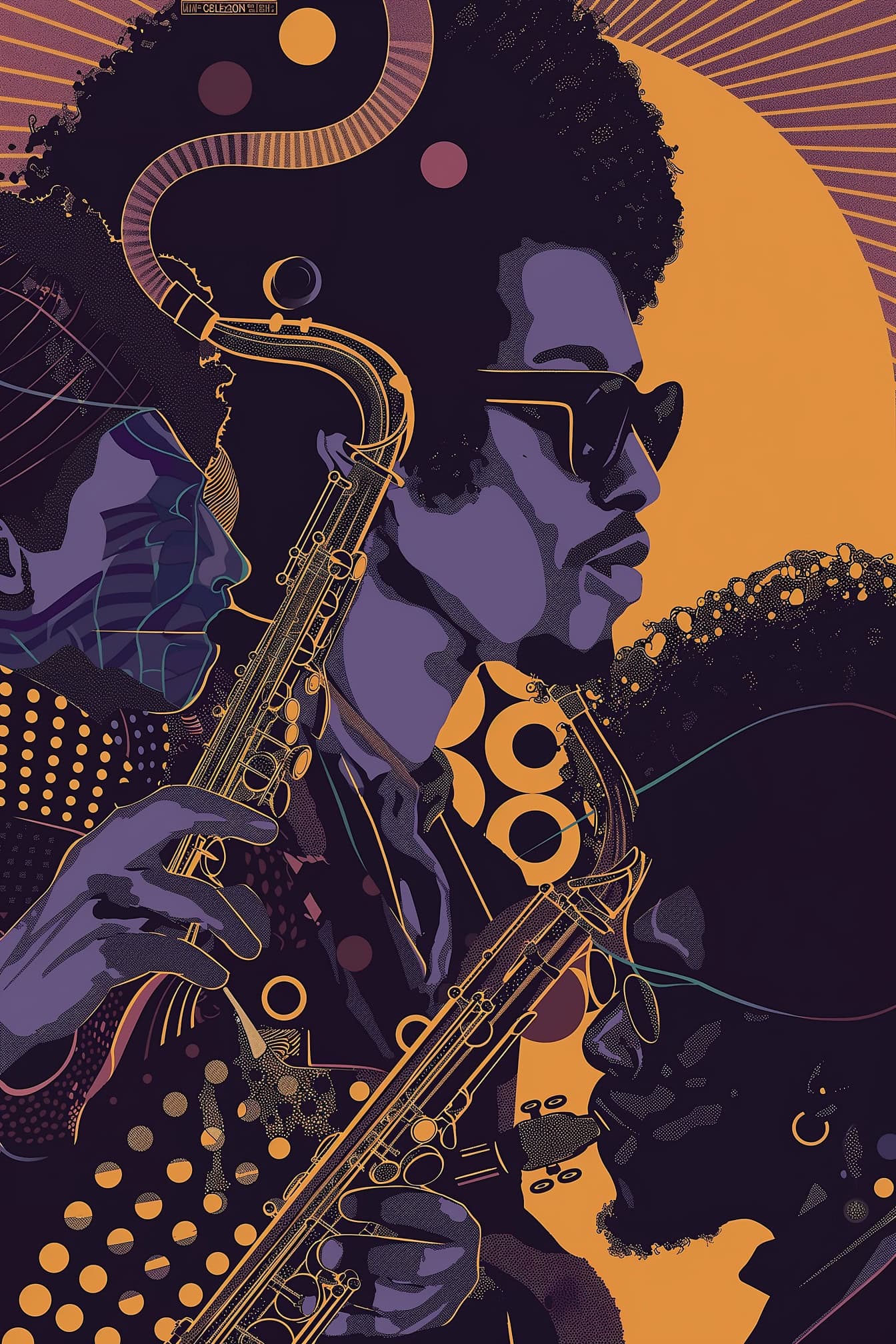 Afro man playing a saxophone, a music poster in a style of Jimi Hendrix of a music culture of 1970’s