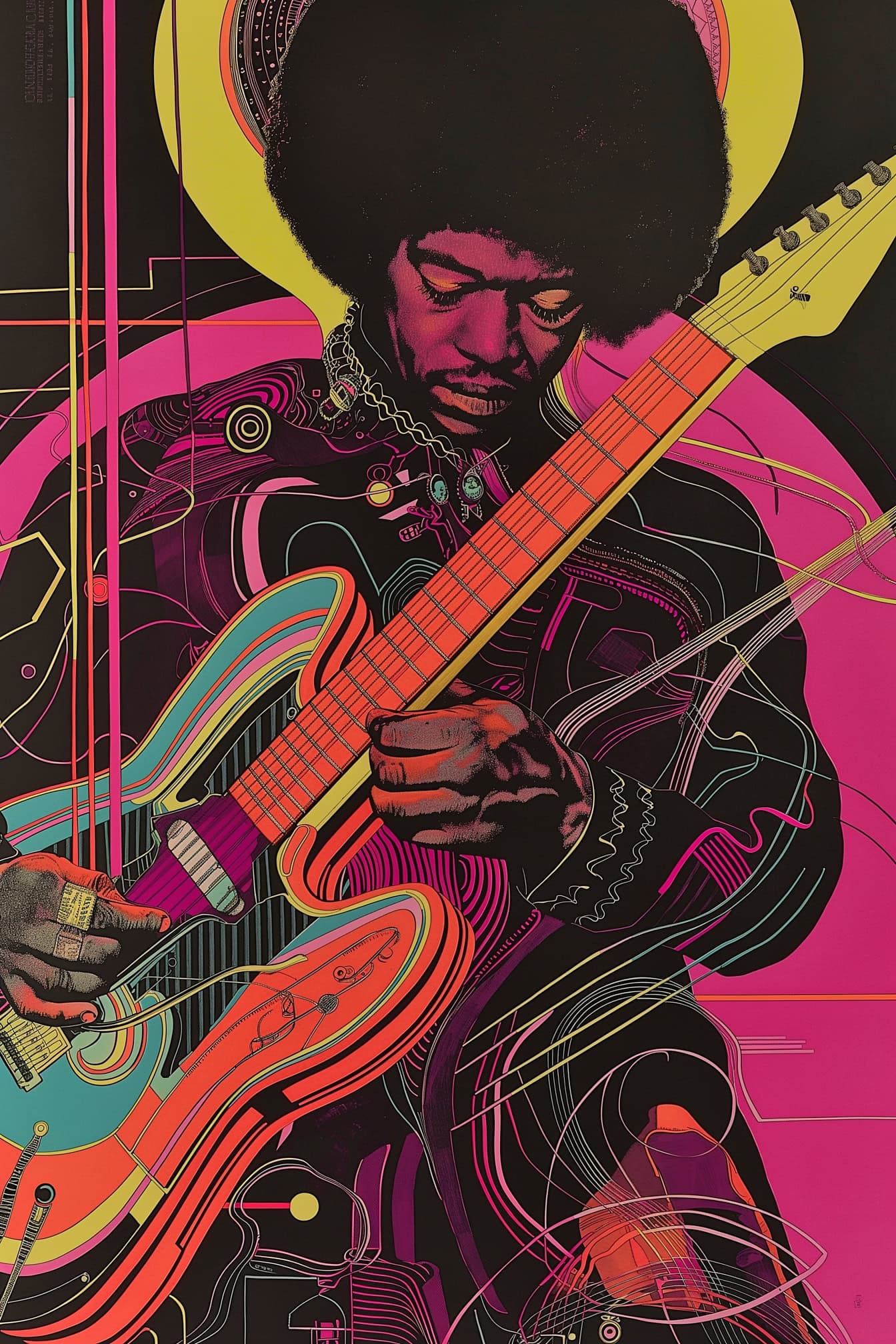 High-end vibrant music poster in a style of 1970’s pop-art of a guitarist man playing an electric guitar