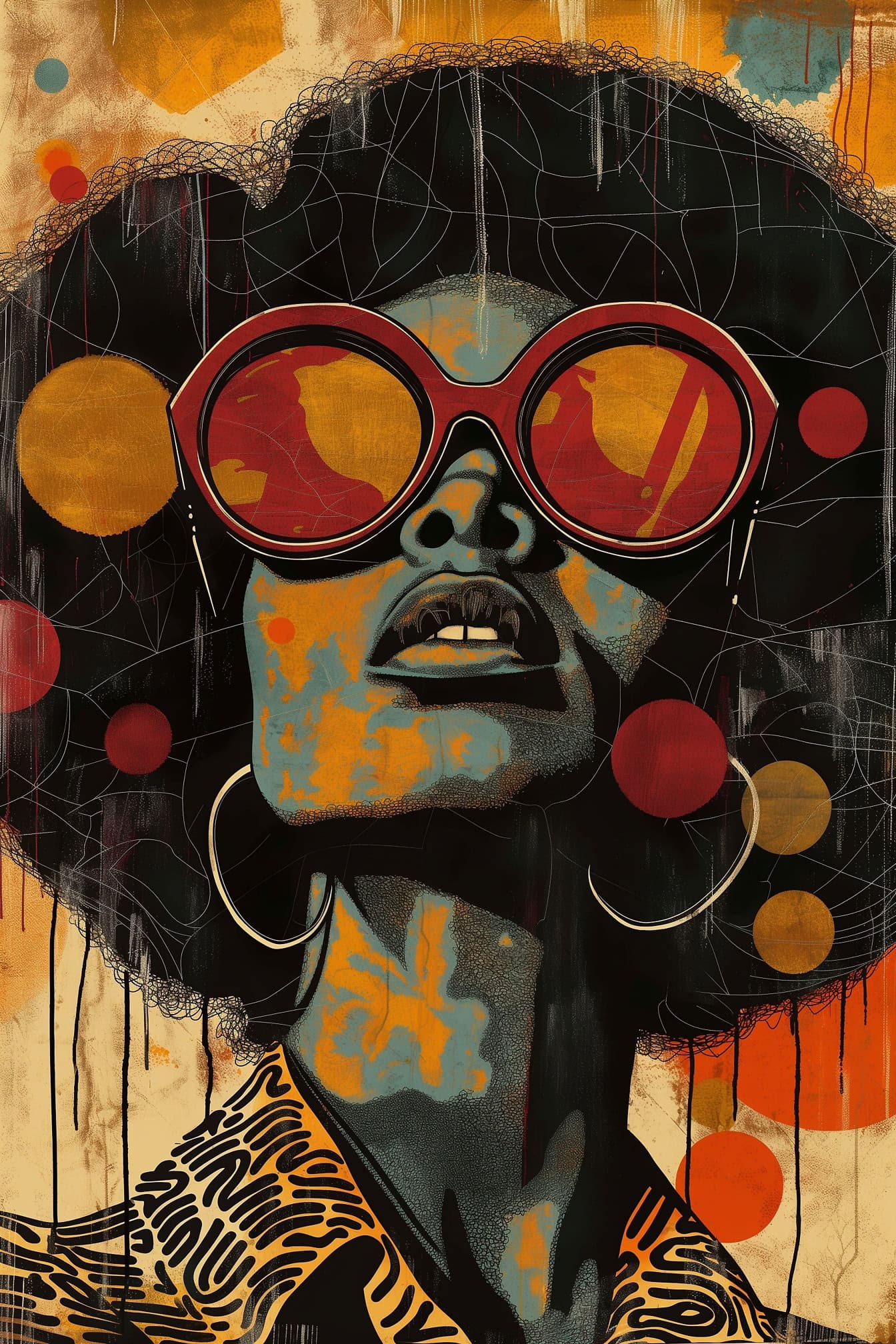 Um pôster de arte de alta qualidade no estilo retrô de uma mulher afro-americana dos anos 1970 com um corte de cabelo afro e grandes óculos de sol vermelhos, e