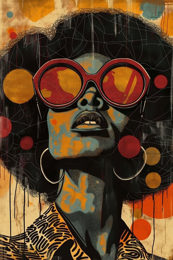 Un póster artístico de alta gama en el estilo retro de una mujer afroamericana de la década de 1970 con un corte de pelo afro y grandes gafas de sol rojas, y