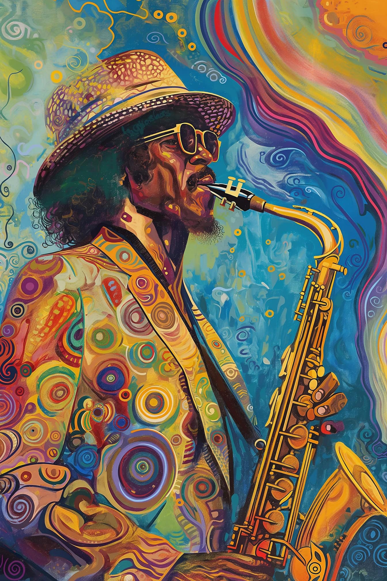 Een Afro-Amerikaanse man die een saxofoon speelt, een kleurrijke illustratieposter in retro jaren ’70 Jazz muziekstijl