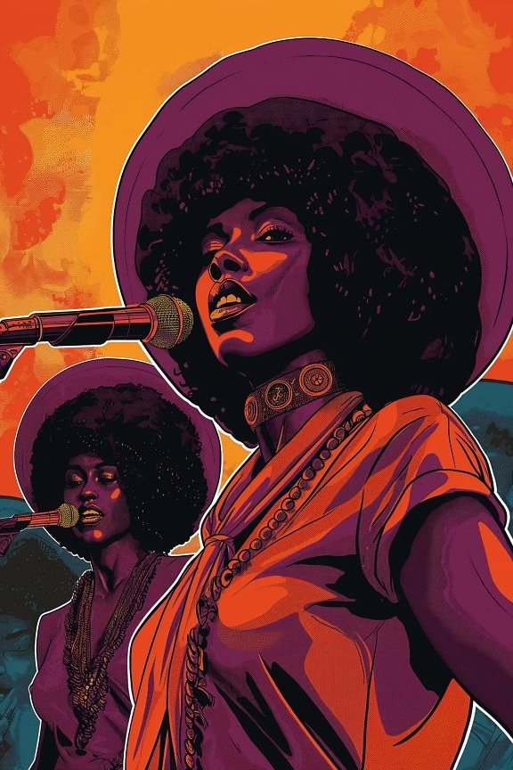 Mujer afroamericana cantando en un micrófono, un póster en estilo retro funky groove