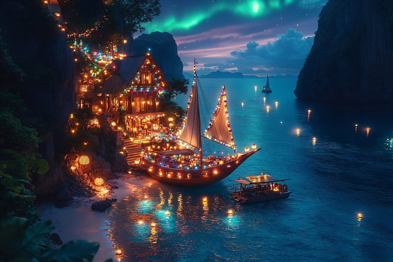 A house-ship of an elf from a fairytale with lights and with aurora borealis at night sky