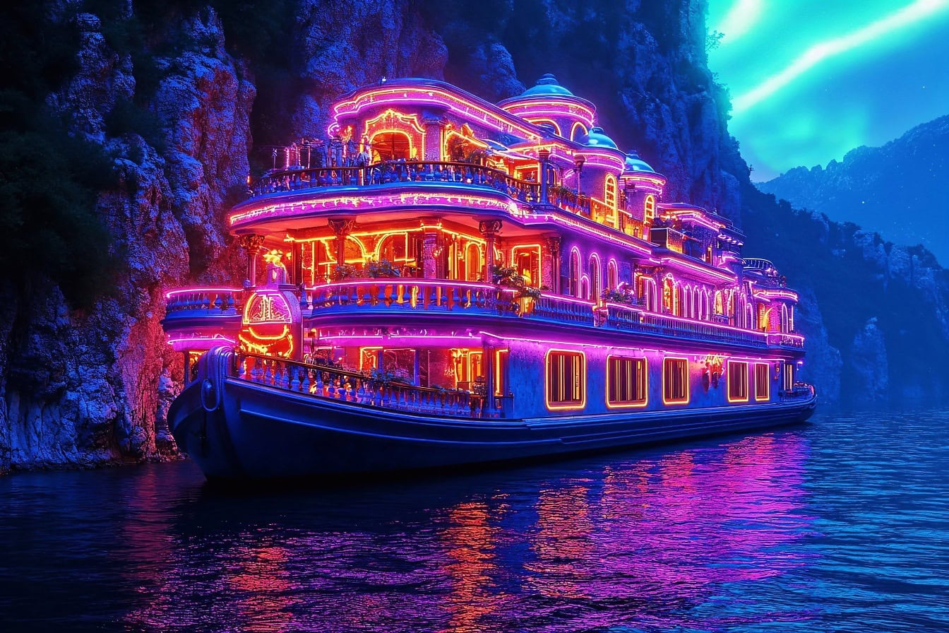 เรือสําราญจากเทพนิยายที่มีแสงนีออนสีชมพูอมม่วงในสไตล์ไซเบอร์พังค์บนผืนน้ําตอนพลบค่ํา