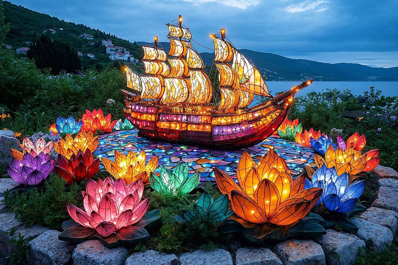 A glowing stained glass sculpture of a sailing ship and a colorful lotus flowers in a style of Chinese lanterns