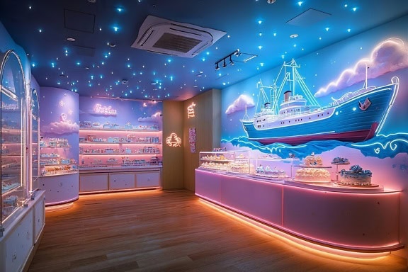 Colorful 3D rendering of a magical cake shop with a display of cakes on shelves in a store